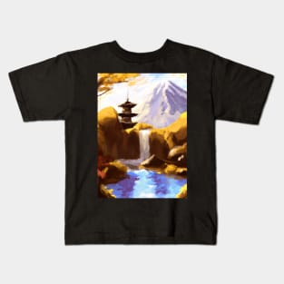 Japan Tower Waterfall Painting Kids T-Shirt